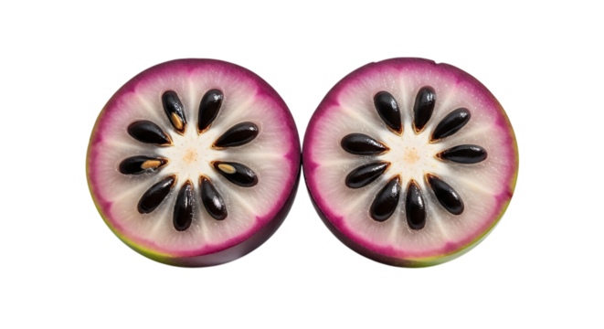 Two star fruit cross sections isolated on transparent background, revealing the starry pattern of seeds and juicy flesh, evoking tropical freshness and exotic flavor