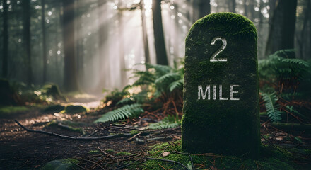 Two Mile Marker In A Misty Forest Invites Exploration And Reflective Journey