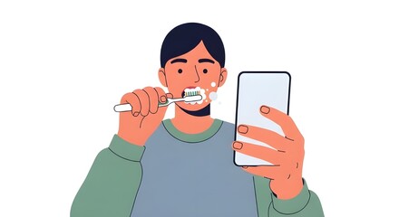 Young man brushing teeth while using a smartphone. Concept of modern daily routine, multitasking, and digital distraction.