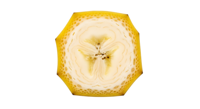 A crosssection of a ripe banana isolated on transparent background, showcasing its vibrant yellow peel and creamy white flesh with tiny black seeds at its center