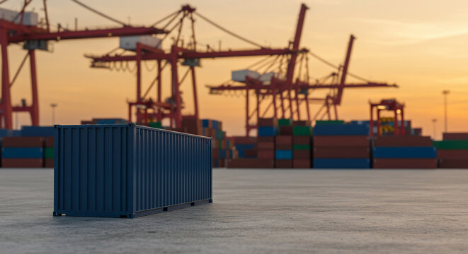 A single dark blue shipping container at a bustling commercial port with gantry cranes and stacked cargo containers at sunset, symbolizing global logistics and international trade