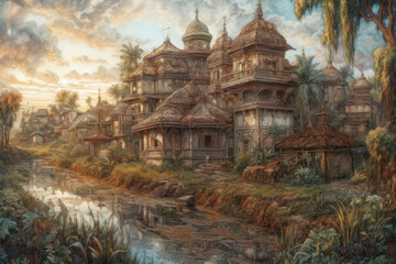 Fototapeta premium Atmospheric fantasy illustration of a picturesque town on the river bank. 