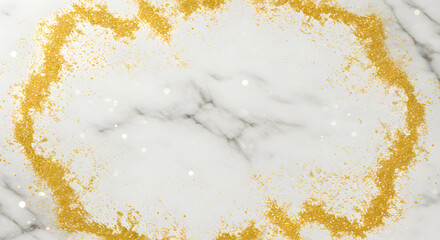 Golden glitter dust encircles the center of a serene white marble backdrop creating texture.