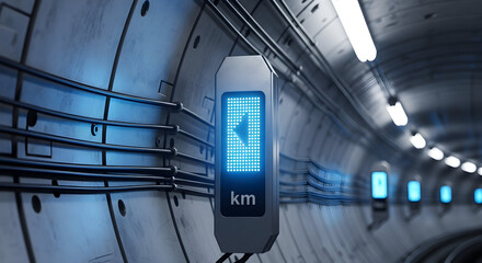 Underground Tunnel Directional Sign Showing Kilometers In Illuminated Display