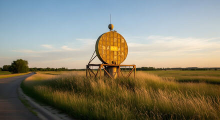 Unusual Vintage Radar Structure Amidst Golden Field On A Rural Landscape