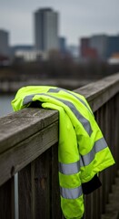 Safety vest on railing, city view