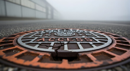 Urban Access Point A City Manhole Cover On The Foggy Street