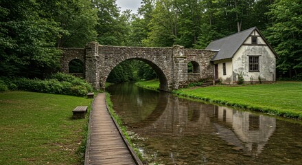 Fototapeta premium a stone bridge over a river with a house in the background