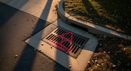 Urban Art: A Red Painted Symbol on a Grate, Captured in Warm Evening Light
