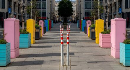 Urban Arrangement Colorful Electrical Boxes And Bollards On City Sidewalk