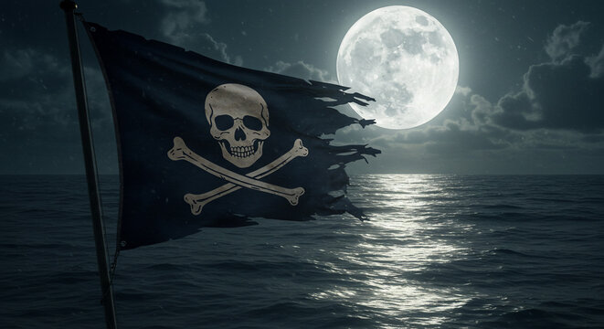 A torn Jolly Roger pirate flag dramatically waves over dark ocean waves under a full moonlit night. Evokes mystery, adventure, and danger for themes and backgrounds
