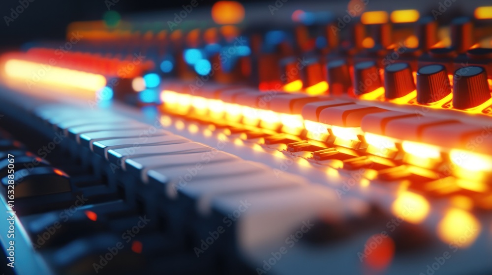 Poster illuminated audio mixing console close up with many controls