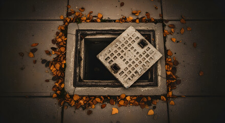 Urban Autumnal Abyss A Concrete Drain Cover with Fallen Leaves On The Ground