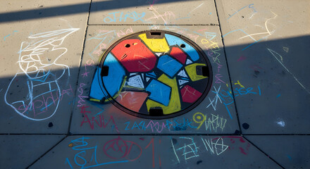 Urban Canvas Manhole Art Amidst Sidewalk Chalk Expressions Vibrant Palette
