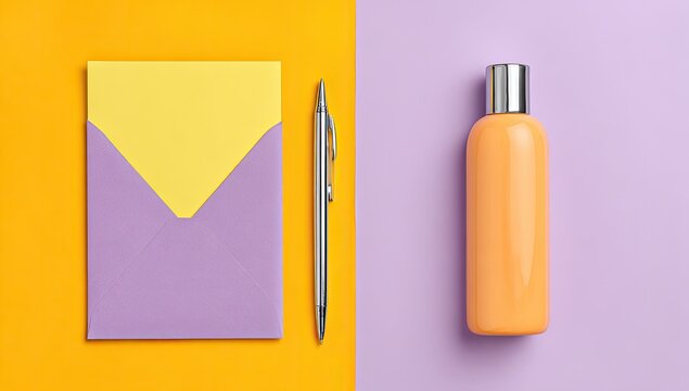 Flat lay of pastel stationery and beauty product.  A yellow notepad, purple envelope, silver pen, and orange bottle.  Bright, bold colors.  Minimalist design