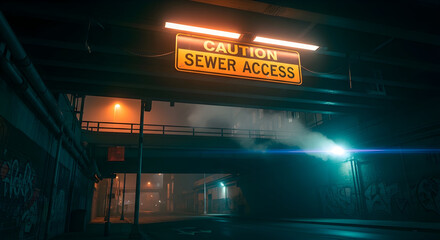 Urban Caution Dark Alley Sewer Entrance Reveals Gritty Cityscape At Night