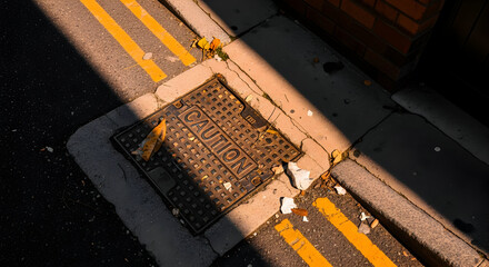 Urban Caution Manhole Cover With Yellow Lines In Golden Hour Light