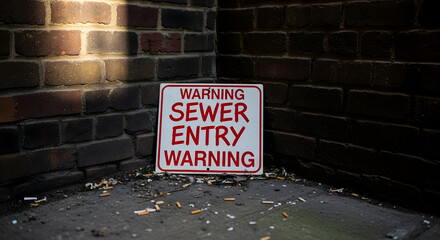 Urban Caution Sewer Access Sign Beside The Brick Wall And Littered Ground