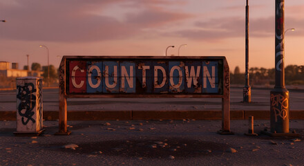 Urban Countdown: Abandoned Sign in Dusty Cityscape at Sunset Hour
