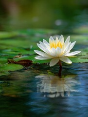 Vibrant white water lily with bright yellow center floats on calm pond water Green lily pads and the flower's clear