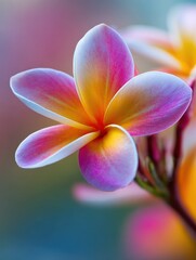 Close up of a vibrant pink and yellow plumeria flower blooming beautifully against a blurred background