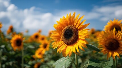 Close up view of a vibrant yellow sunflower with a dark center in a blooming field under a blue sky