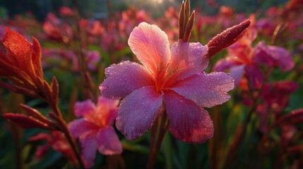 Close up of a vibrant pink flower covered in sparkling dew drops Golden morning sunlight illuminates a lush garden scene