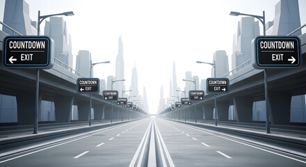 Urban Countdown Cityscape With Exit Directional Signage In Modern Metropolis