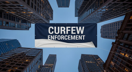 Urban Curfew Enforcement Banner Hanging Amidst City Skyscrapers At Dusk