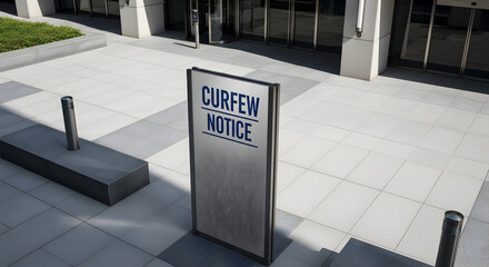 Urban Curfew Notice Stand In Front Of A Modern Office Building During Daytime