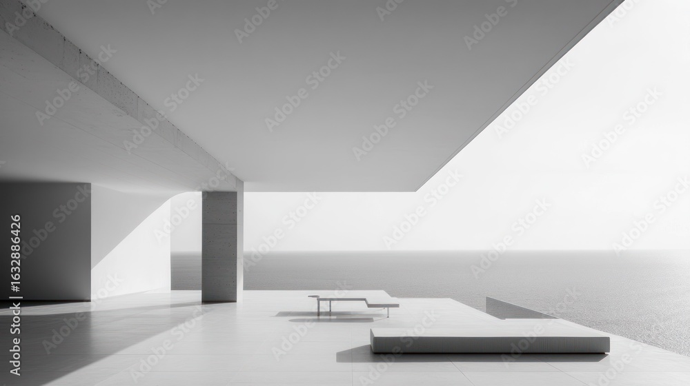 Poster modern architectural design with minimalist features and ocean views