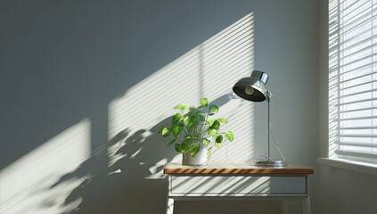 Sunlight streams into a room, illuminating a small table with a lamp and plant