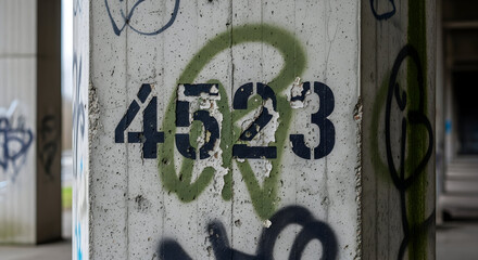 Urban Decay Concrete Pillar Featuring Stenciled Numbers And Graffiti