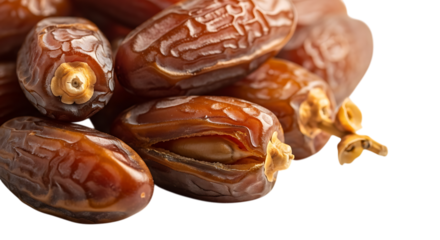 Closeup of a pile of dates, a sweet and healthy dried fruit from the middle east, isolated on transparent background, studio shot of a group of dates