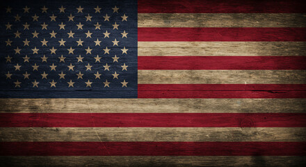 A vintage American flag design, painted on a distressed wooden background with rich texture, evoking a rustic and patriotic mood. Ideal for historical themes, national holidays, and Americana