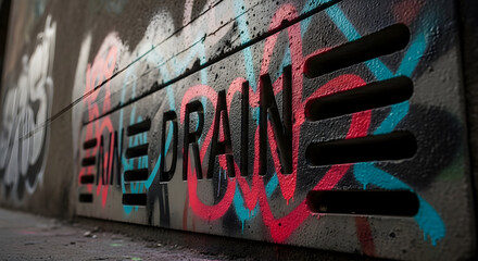 Urban Drain With Graffiti Art On The Street Grate In The City