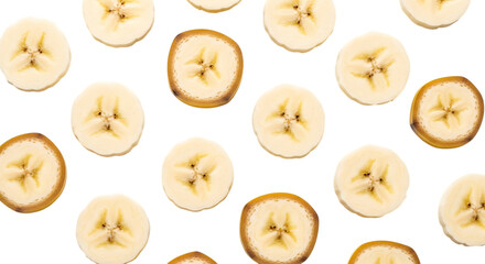 Pattern of fresh banana slices isolated on transparent background, a healthy and sweet tropical fruit, perfect for snacks and desserts, rich in potassium and vitamins