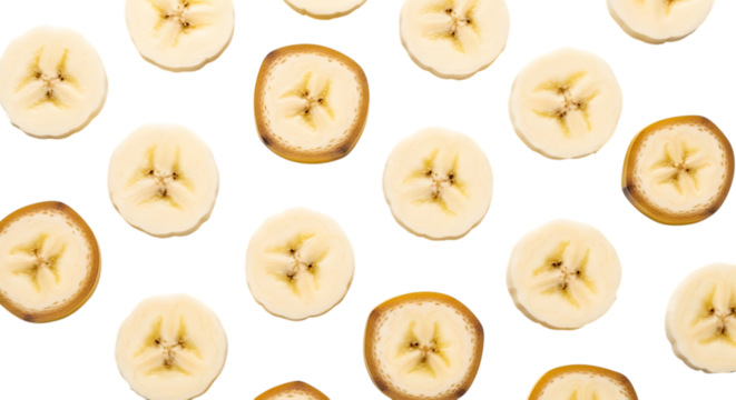 Pattern of fresh banana slices isolated on transparent background, a healthy and sweet tropical fruit, perfect for snacks and desserts, rich in potassium and vitamins