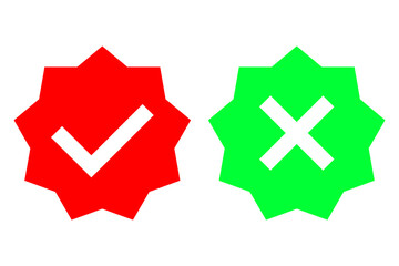 Obraz premium Checkmark approval icon. Cross mark rejection. Vector star symbols. Red green contrast.