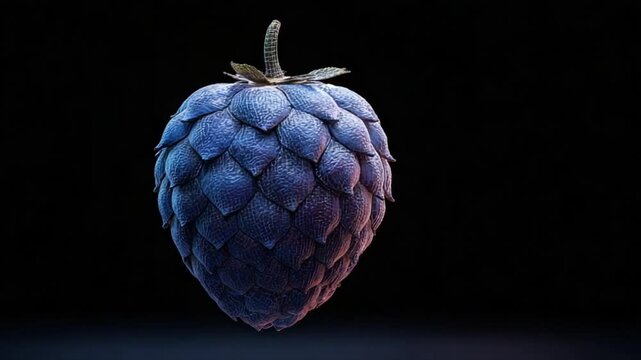 A digitally rendered, dark-blue fruit or vegetable, possibly a stylized berry or hop cone, floats against a black background.  Its surface exhibits a detailed, textured pattern of overlapping scales