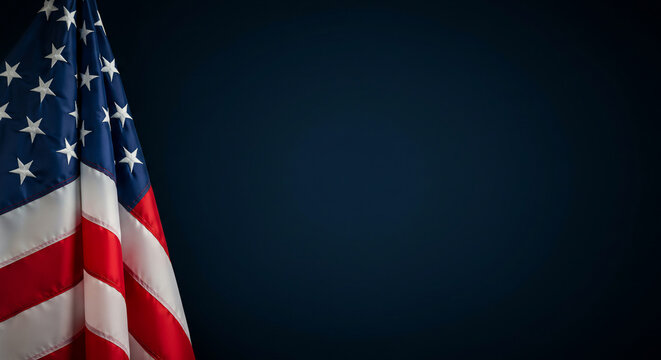 American flag draped against a dark blue background, offering ample copy space for patriotic holidays like 4th of July, Memorial Day, and Veterans Day, symbolizing freedom and democracy