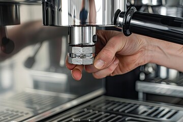 Vibrant Image of Hand Installing Filter in Espresso Machine