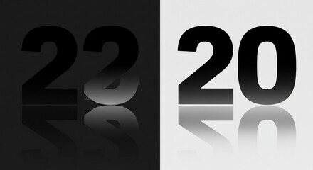 Black and white split screen graphic with numbers 22 and 20 reflected. Modern, abstract design for new year concepts, financial data, or time transition