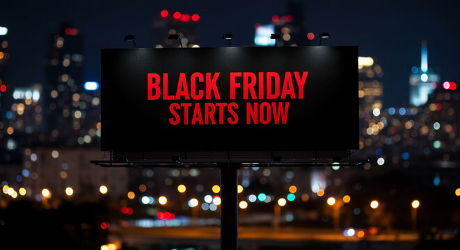 Black Friday Starts Now message prominently displayed on a large billboard against a blurry, illuminated city skyline at night. Ideal for holiday shopping, retail marketing, and advertising campaigns