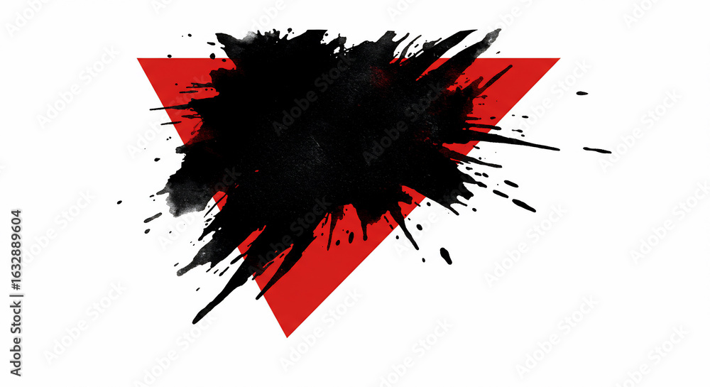 Poster bold abstract design featuring a dynamic black ink splash against a vivid red triangle on a clean wh