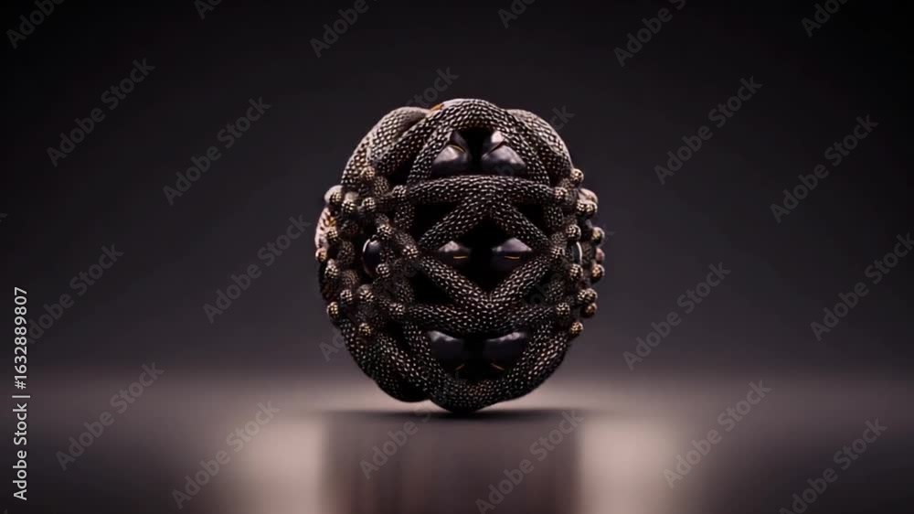Poster An orb-like sculpture with interconnected dark netting. Black spheres embedded within. Metallic texture and reflections
