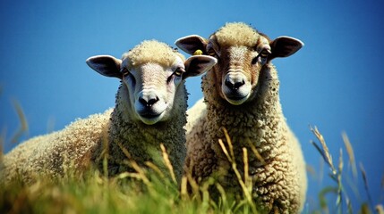 Fototapeta premium Two sheep in a field against a bright blue sky.