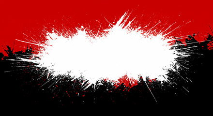 Bold red, white, and black abstract grunge paint splatter background with central copy space. Ideal for dynamic graphic designs, artistic banners, website headers, or protest themes