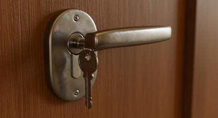Close-up of a brushed metal door handle with a key inserted into the lock on a wooden door. Represents security, access, home, privacy, and property solutions
