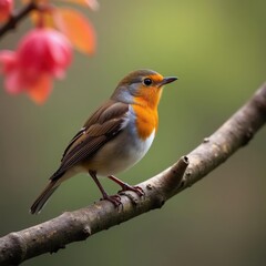 Fototapeta premium Robin redbreast on weathered branch, spring leaves , eye, tweet